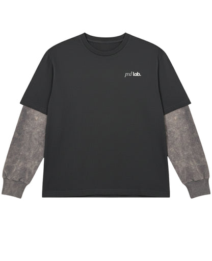 Black With Acidwash Sleeve Oversized Tee Front Design